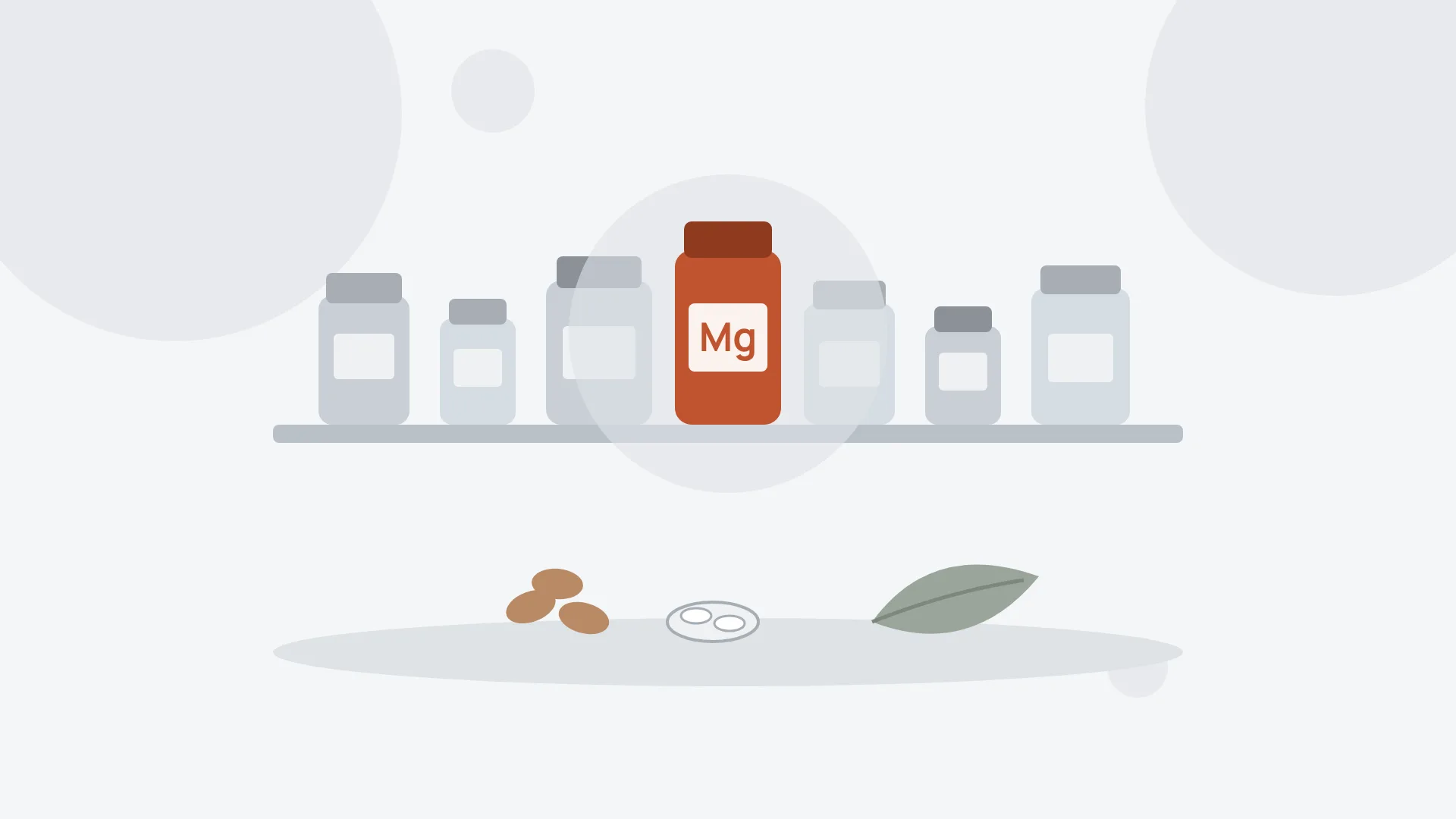Ilustración minimalista de un estante de farmacia con botes grises y uno destacado en color terracota con la etiqueta Mg, y delante unas almendras, unas pastillas y una hoja verde