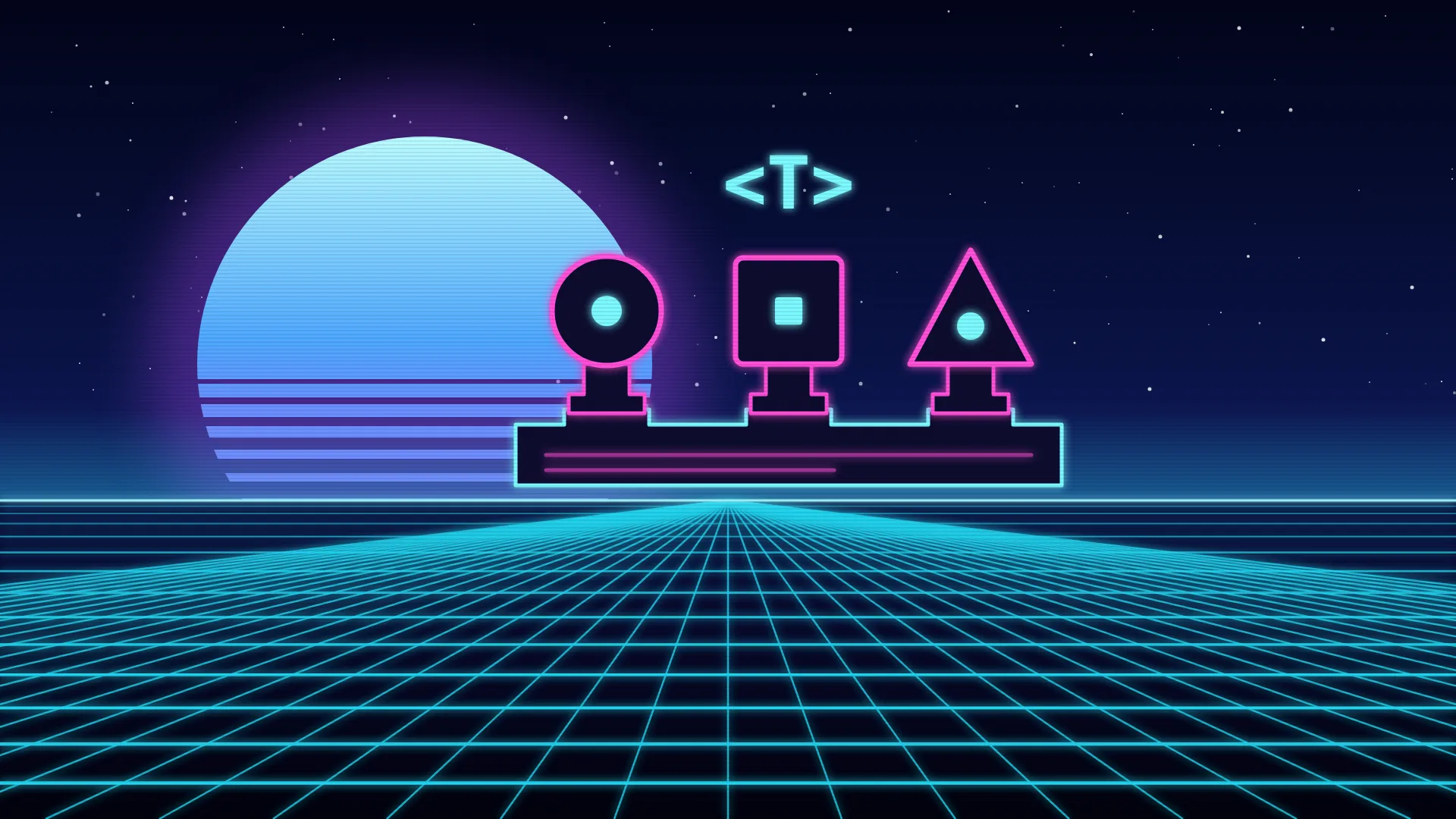 Ilustración retrofuturista de estética synthwave: un círculo, un cuadrado y un triángulo de neón, cada uno con la misma clavija, encajan en un zócalo común con tres huecos idénticos, bajo el rótulo <T> y con un sol a rayas a la izquierda
