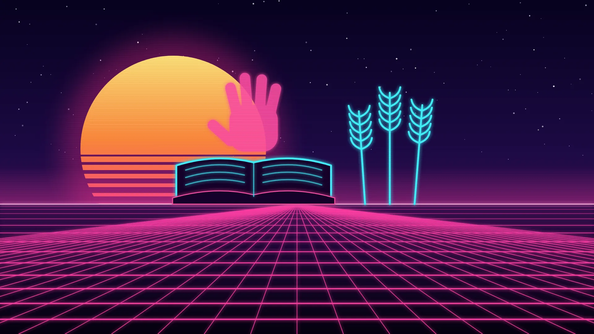 Ilustración retrofuturista de estética synthwave: un libro abierto de neón sobre el horizonte, con la huella de una mano como las de las pinturas rupestres encima y tres espigas de trigo a la derecha, ante un sol a rayas desplazado a la izquierda