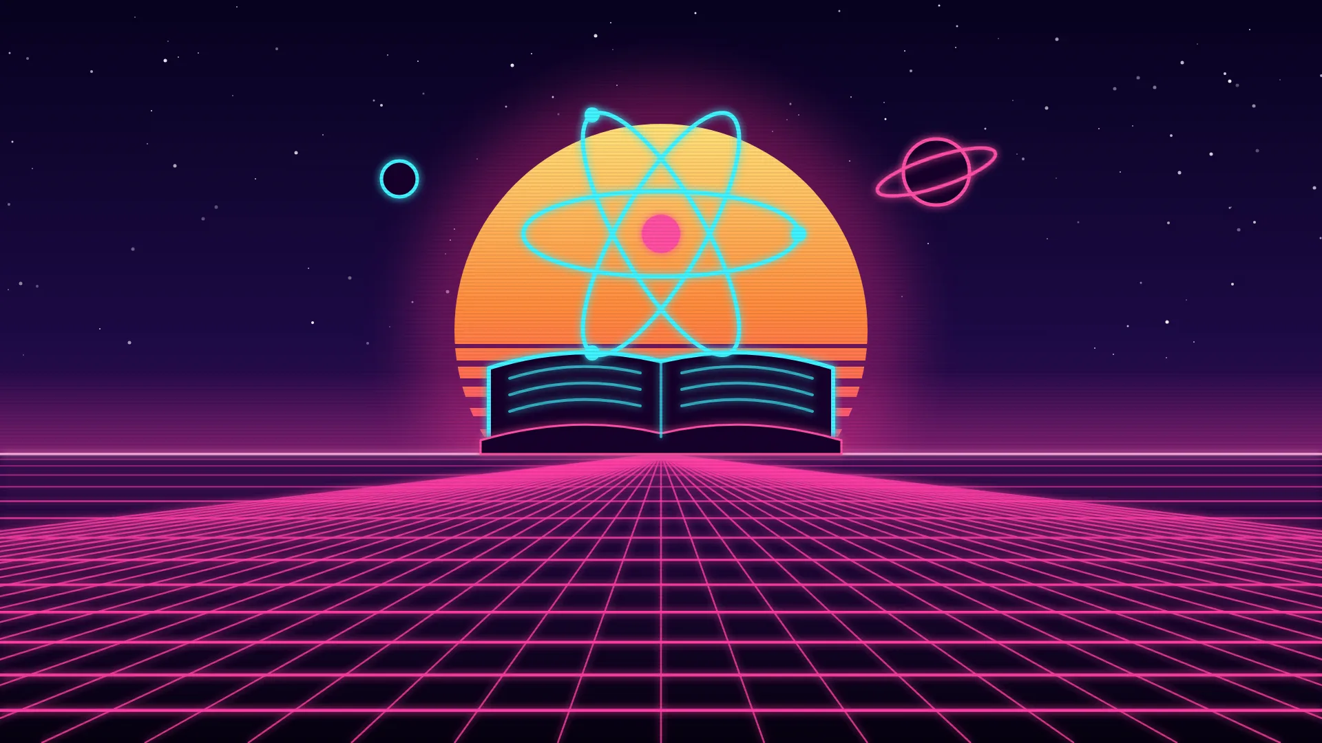 Ilustración retrofuturista de estética synthwave: un libro abierto de neón sobre el horizonte del que se eleva un gran átomo de tres órbitas delante de un sol a rayas, con un planeta anillado y una pequeña luna a los lados