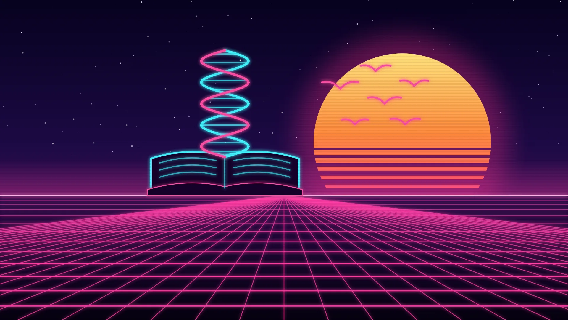Ilustración retrofuturista de estética synthwave: una doble hélice de ADN de neón se alza desde un libro abierto sobre el horizonte, junto a una bandada de pájaros que vuela delante de un sol a rayas desplazado a la derecha
